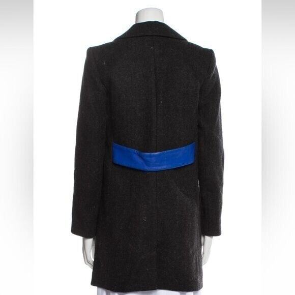 MAJE Virgin Wool Cashmere Coat with Leather Waist Trim Charcoal Blue Leather 4 - Picture 3 of 3